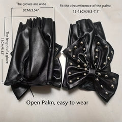 Rivet Bow PU Leather Gloves Punk Dance Performance Half Finger Gloves