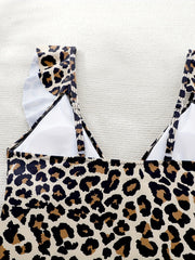 Leopard V Neck Tankini Ruffle Trim High Stretch Two Piece Swimsuit