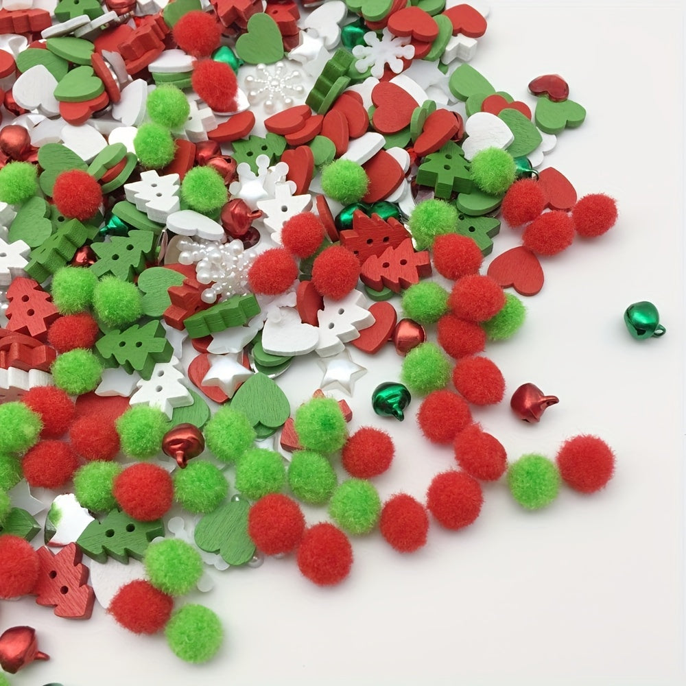 100pcs Christmas Pom Poms Wood Xmas Tree Buttons Jingle Bells DIY