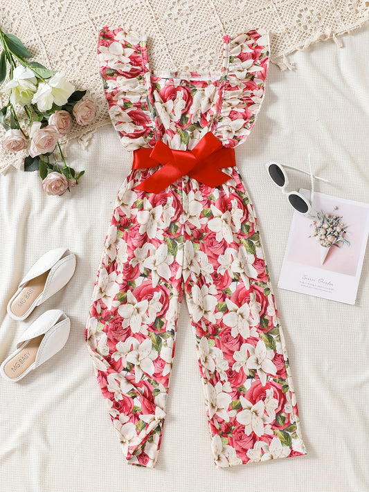 Girls Bow Floral Print Ruffle Sleeve Rompers