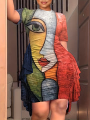  Abstract Figure Print Short Sleeve Ruffle Trim Dress