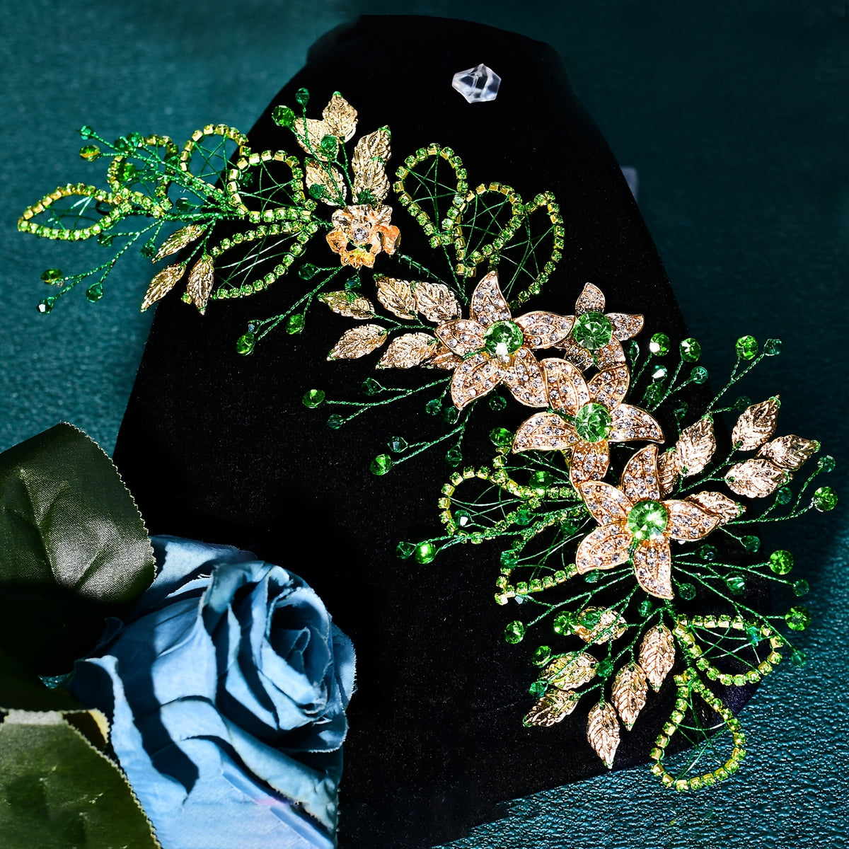 Bohemian Leaf Hair Clip Green & Golden Glitter Bridal Hairpin