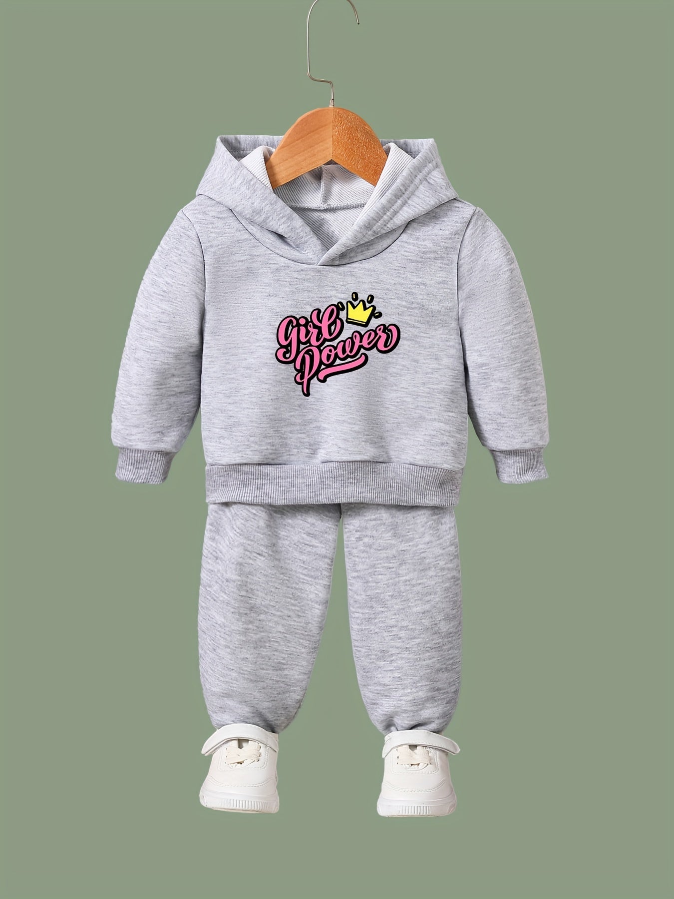 Girls Crown Pattern Hooded Sweatshirt & Sweatpants Set