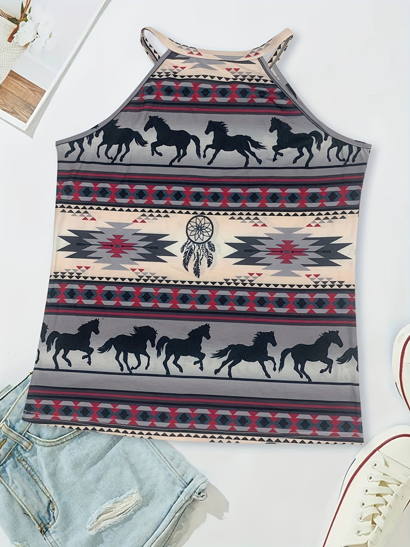  Southwestern Print Tank Top Round Neck Casual Slight Stretch