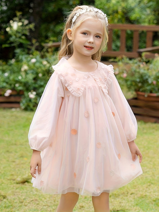 Blossoms Embroidery Mesh Collared Princess Dress For Girls