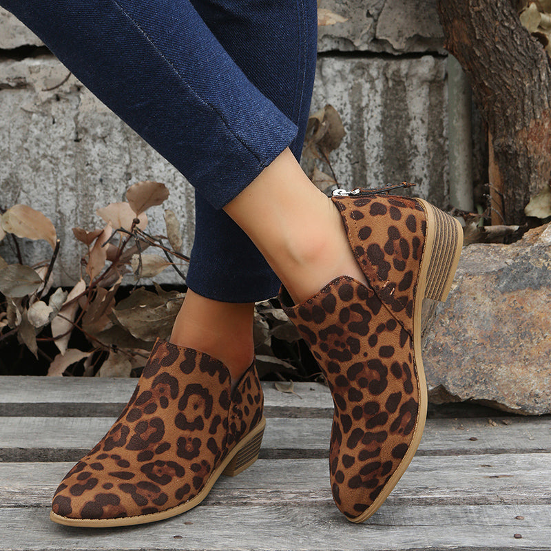 Women's Low Heel Ankle Boots, Back Zipper, Pointed Toe, Faux Leather