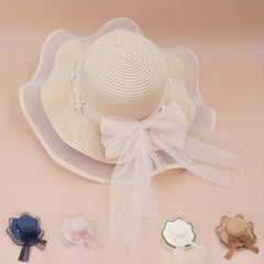 Lace Sun Hat Ribbon Bowknot Faux Pearl Straw Hat