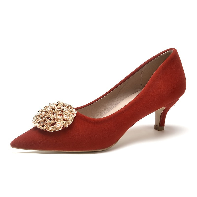 Red Pointed Toe Low Heel Pumps with Faux Pearls