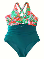  Colorblock Floral Print One Piece Swimsuit