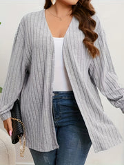  Solid Ribbed Long Sleeve Open Front Cardigan