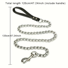 Metal Chain Dog Lead with Leather Handle - Training Leash for Indoor Outdoor