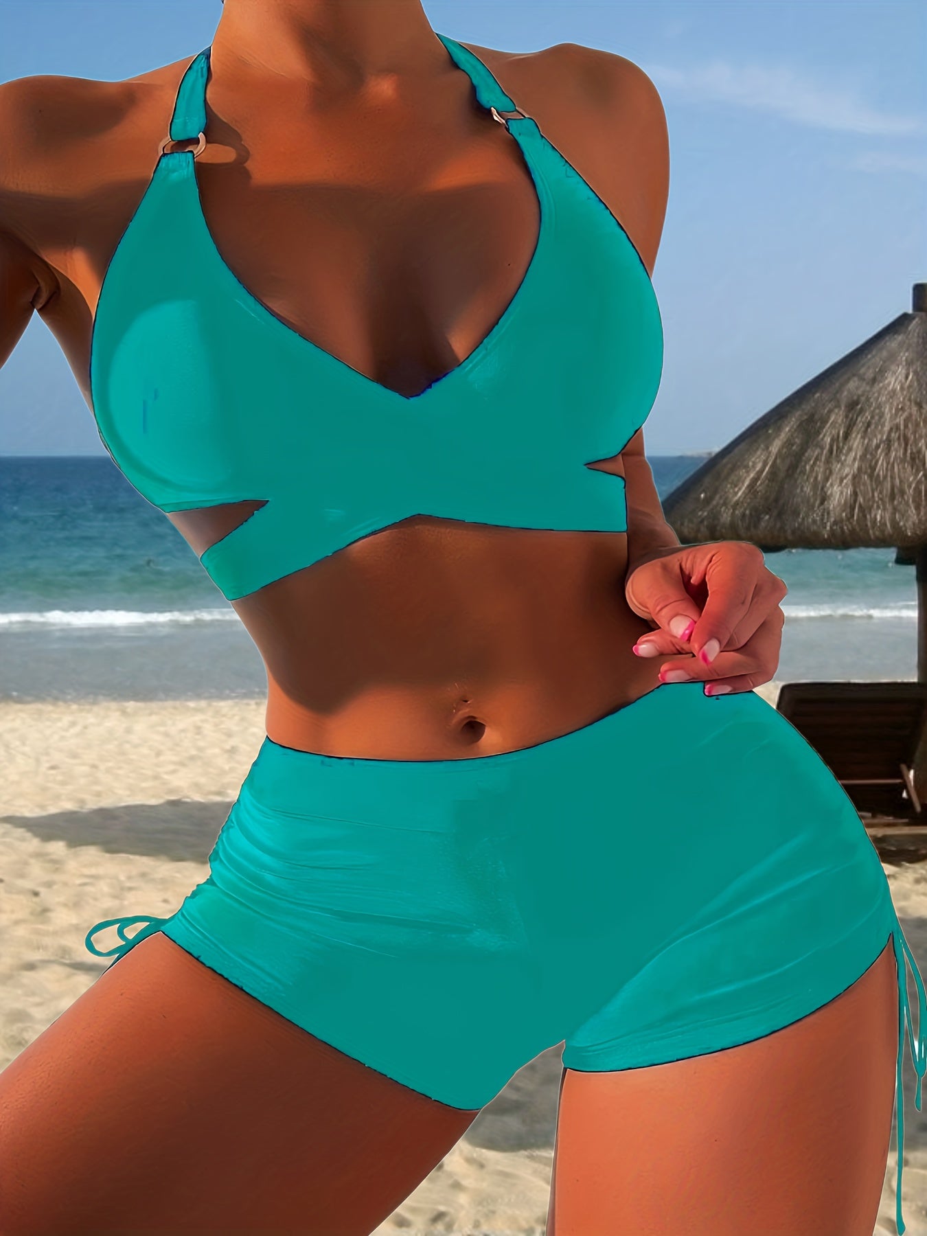 Halter Neck Bikini Set V Neck Criss Cross Ring Drawstring Boxer Short Swimsuit