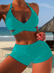 Halter Neck Bikini Set V Neck Criss Cross Ring Drawstring Boxer Short Swimsuit