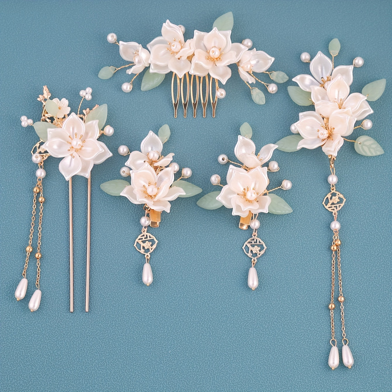 5pcs Chinese Hairpin Bridal Set Floral Tassel Hanfu Hair Accessory