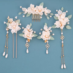 5pcs Chinese Hairpin Bridal Set Floral Tassel Hanfu Hair Accessory