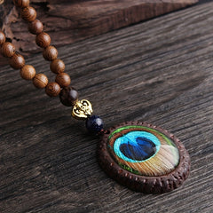 Boho Feather Pendant Wooden Beaded Necklace
