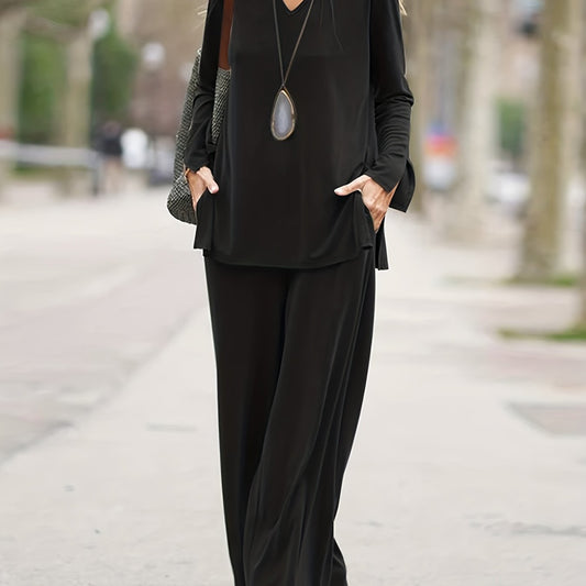 V Neck Split Top & Wide Leg Pants Set