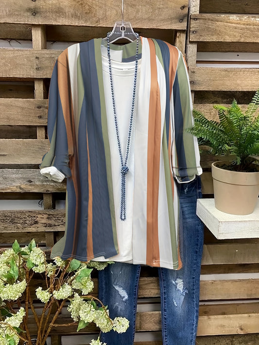  Colorblock Stripe Long Sleeve Knit Cardigan