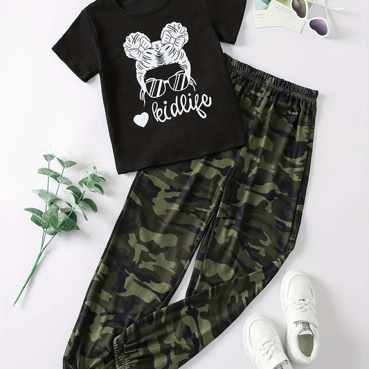 Girl's 2pcs T shirt & Camo Pants Set Sunglasses Print Kids Clothes