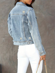 Flap Pockets Denim Jacket Long Sleeves Washed Lapel Coat