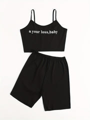  Slogan Print Crop Cami Top & Shorts Set