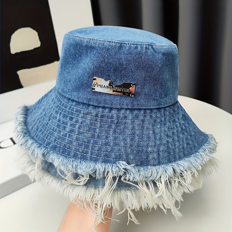 Distressed Denim Bucket Hat Sunshade Cap for Women