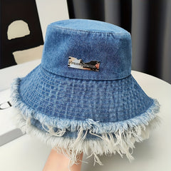 Distressed Denim Bucket Hat Sunshade Cap for Women