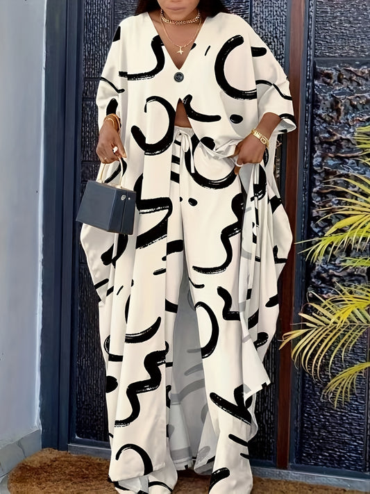 Abstract Print Casual Two piece Set Long Tops Pants Outfits Women's Clothing