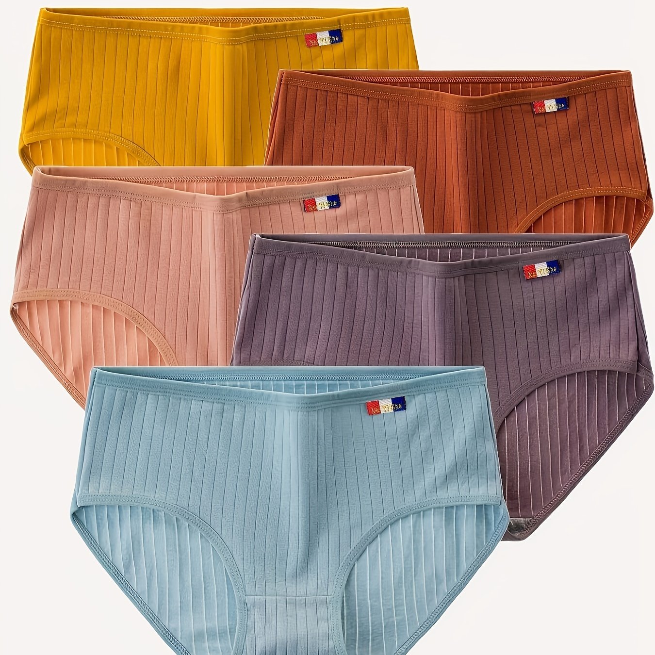 5 Pack Plus Size Ribbed Knit Panties Set Women's Solid Mid Waisted Breathable