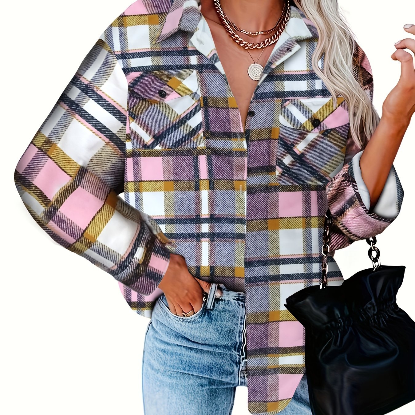  Plaid Print Button Up Long Sleeve Blouse