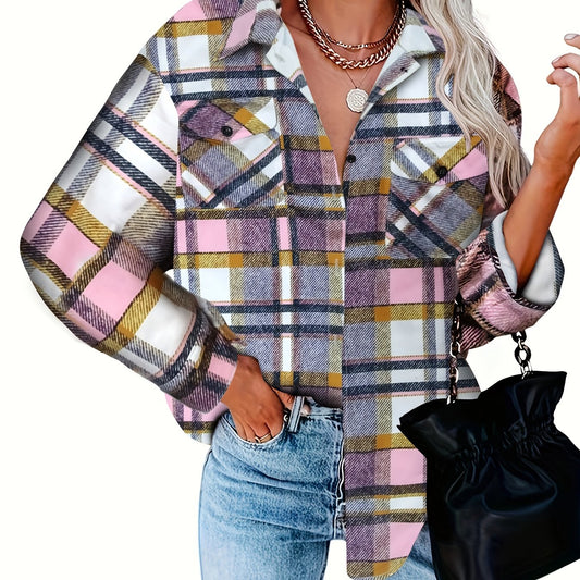  Plaid Print Button Up Long Sleeve Blouse