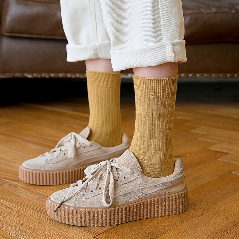 10 Solid Stripes Crew Socks for Women