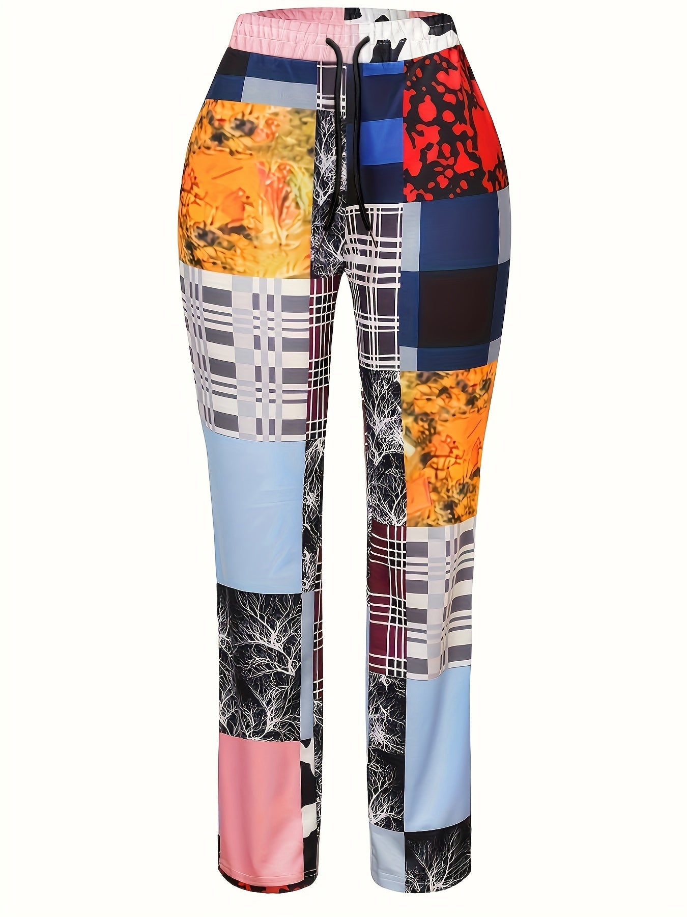 Patchwork Print Elastic Drawstring High Rise Pants