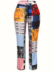  Patchwork Print Elastic Drawstring High Rise Pants