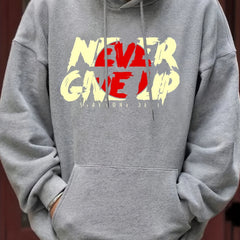 'Never Give Up' Print Hoodie Men's Casual Pullover Hoodie