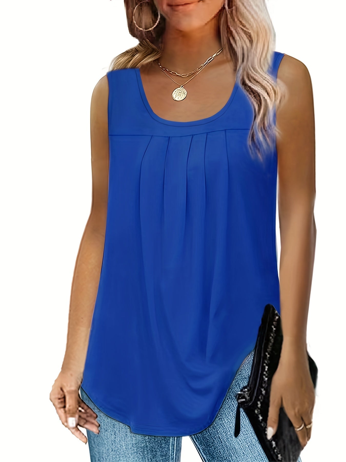 Pleated Front Crew Neck Tank Top Sleeveless Summer Casual Women's Clothing