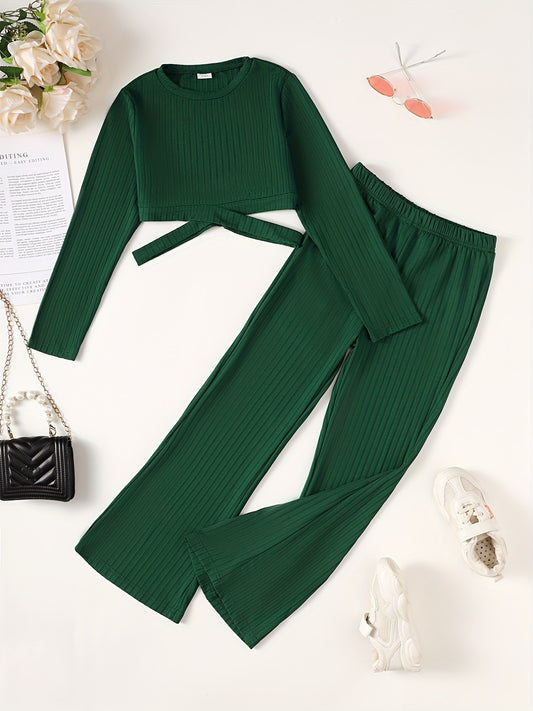 Girls Ribbed Cut Out Top & Flared Pants Set