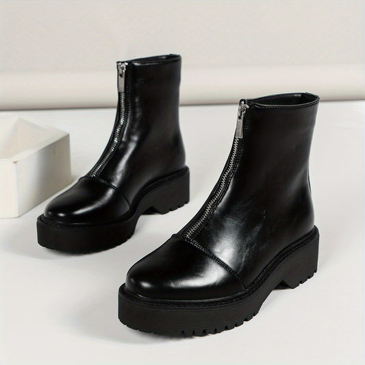 Women's Platform Ankle Boots Front Zipper Round Toe Combat Boots