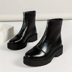 Women's Platform Ankle Boots Front Zipper Round Toe Combat Boots