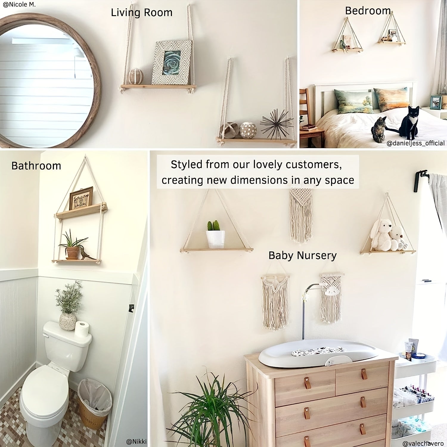 Wooden Macrame Rope Shelf Natural Light Reclaimed W