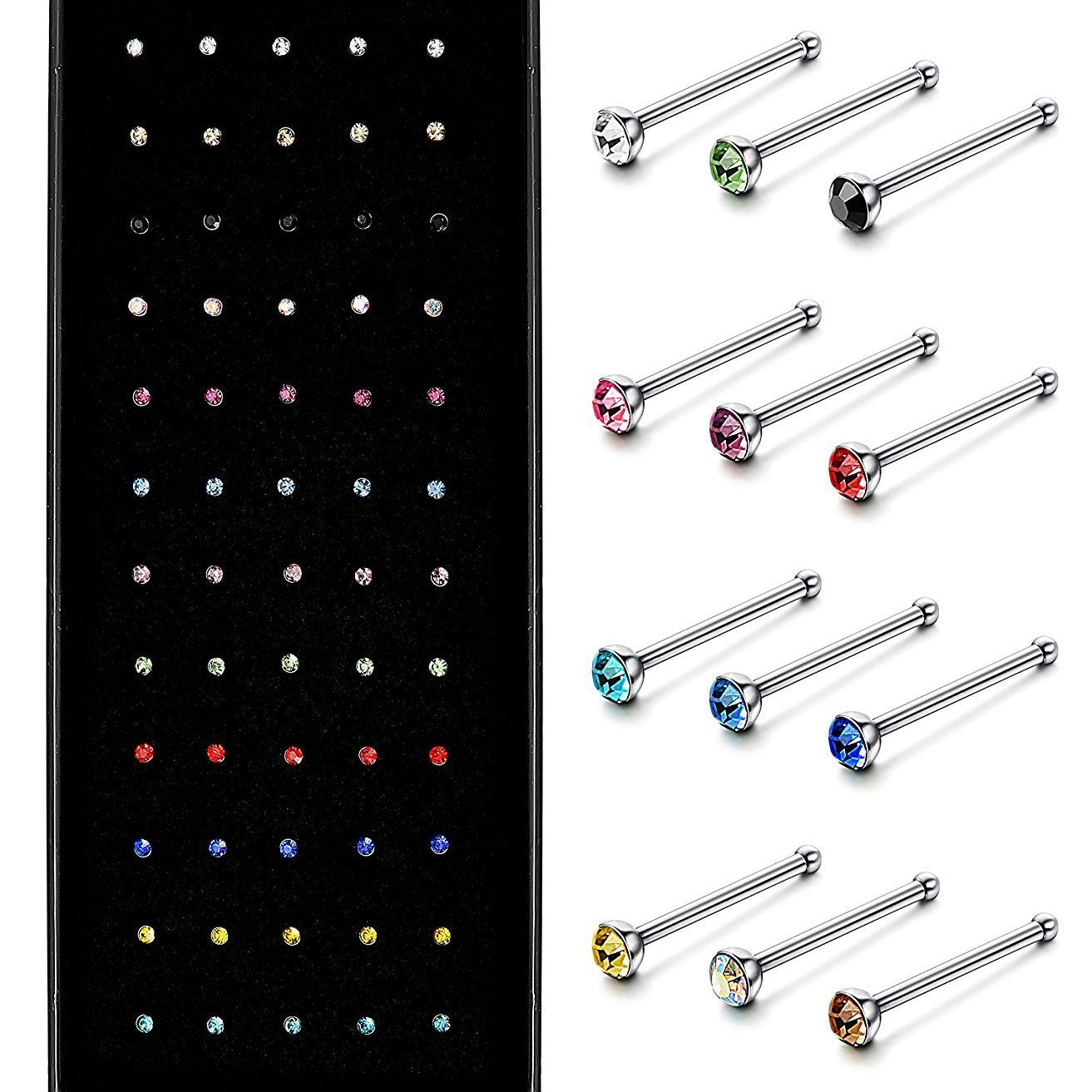 60 Pcs 1.8mm Stainless Steel Nose Stud Ring Nose Piercing Kit