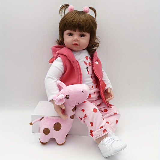19" 48cm Soft Vinyl Reborn Doll Baby Girl Hairwig Pink Clothes Plush Giraffe Toy