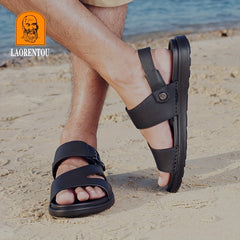 Men's Leather Sandals Wear Resistant Non Slip Outdoor Hiking Beach Water Shoes