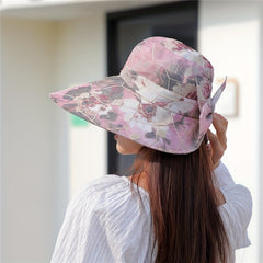 Flower Print Wide Brim Sun Hat UV Protection Beach Cap