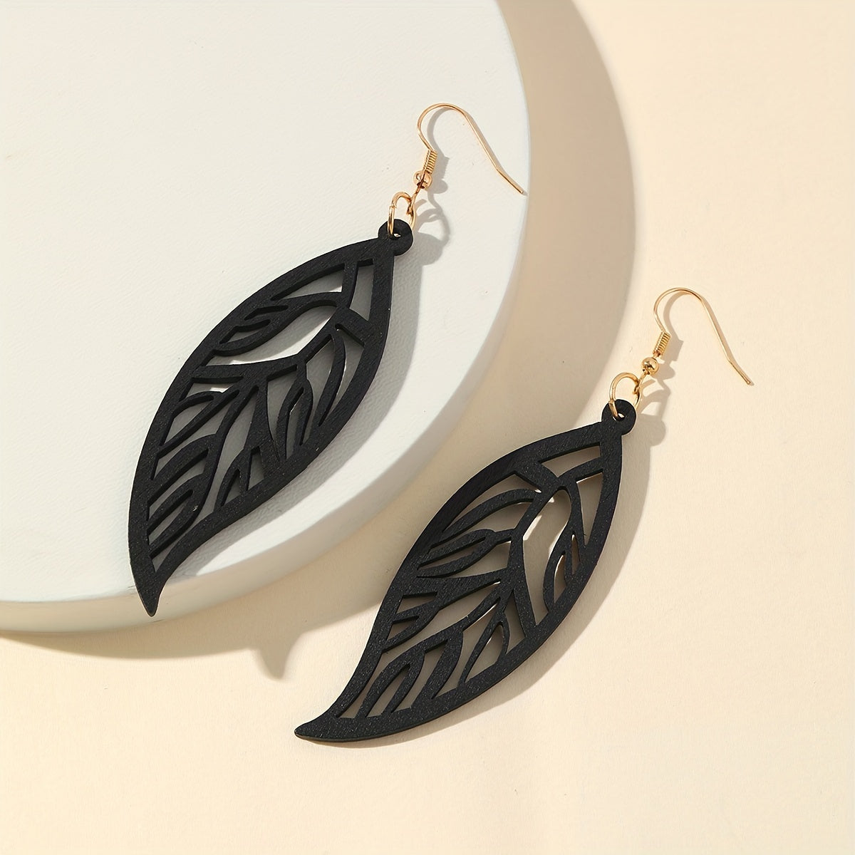 Hollow Leaf Dangle Earrings Bohemian Style Wooden Jewelry