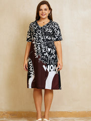 Women's Plus Colorblock Letter Print V Neck Dress With Pockets