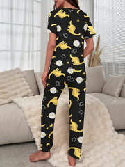 Dinosaur Print Pajama Set Short Sleeve Crew Neck Top & Elastic Waistband Pants