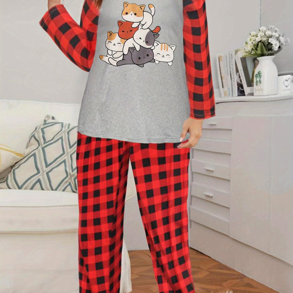  Cat Print Raglan Sleeve Top & Plaid Pants Lounge Set