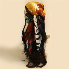 Leaf Flower Print Bandana Satin Shawl Silk Square Scarf Head Wrap Turban
