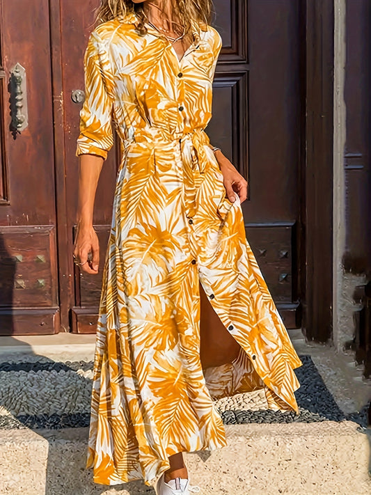  Leaf Print Button Up Maxi Dress